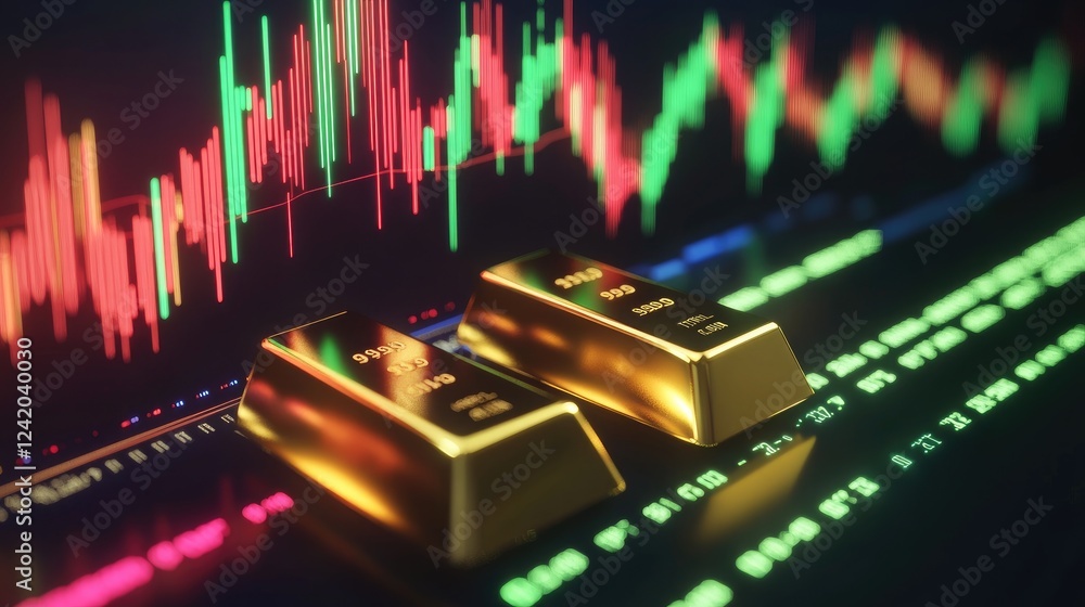 Poster a d render of a gold bar beside a price chart with green and red lines, symbolizing fluctuating gold