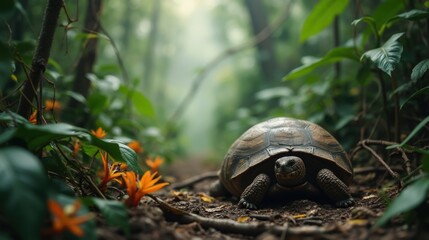 Naklejka premium A Turtle Walking Through the Forest With Orange Flowers in the Background - Generative AI
