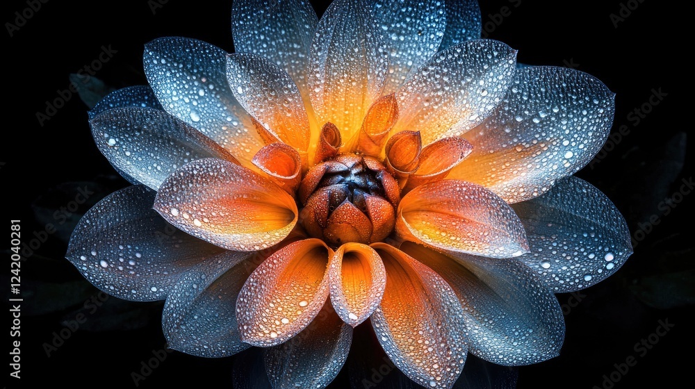 Poster a beautiful macro shot of a flower with intricate petal details, enhanced by droplets of water that 
