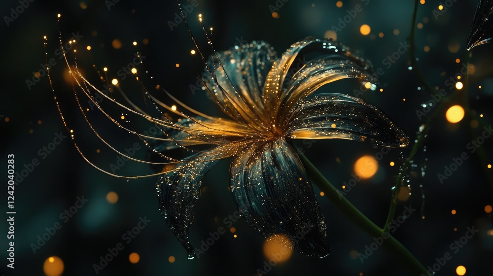 Poster a beautiful macro shot of a flower with intricate petal details, enhanced by droplets of water that 