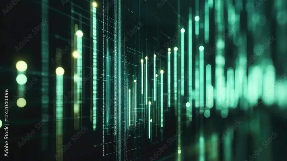 Poster a business-oriented bar graph in dark green tones with reflective bars on a white background, captur