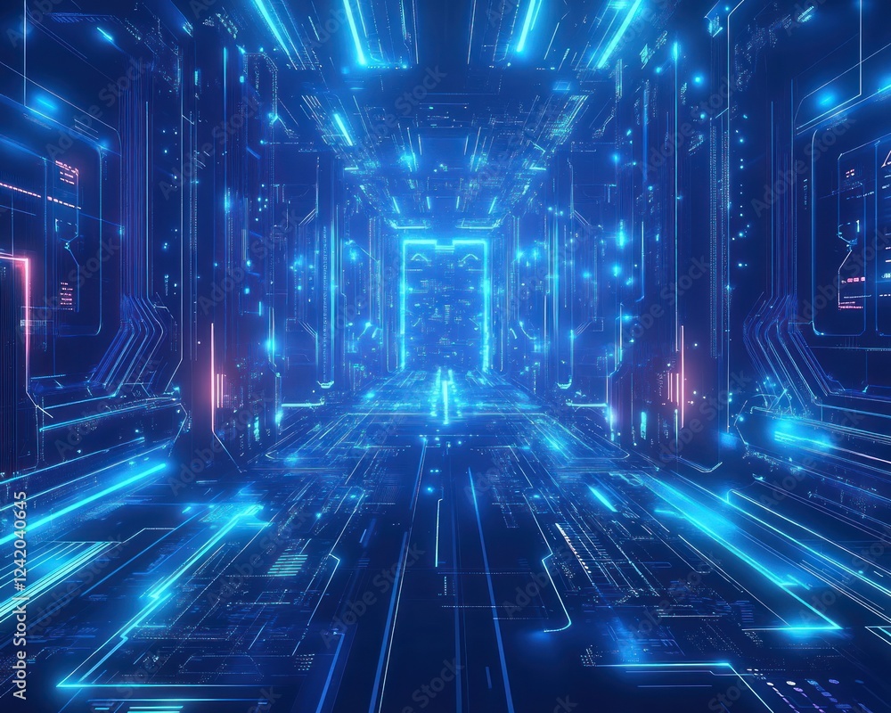 Poster glowing blue futuristic corridor with circuitry for tech background or sci-fi related projects