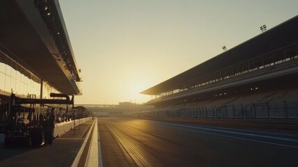 Obraz premium A captivating shot of a racetrack during the day, showcasing the grandstands filled with empty seats, highlighting the anticipation of a thrilling race ahead
