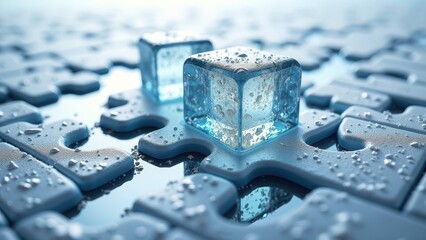 Single melting ice cube placed on a blue puzzle surface with reflective lighting	