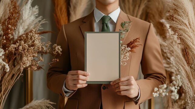 Elegant Earthy Wedding Party Invitation Display in Modern Setting Featuring Natural Elements and a Stylish Groom