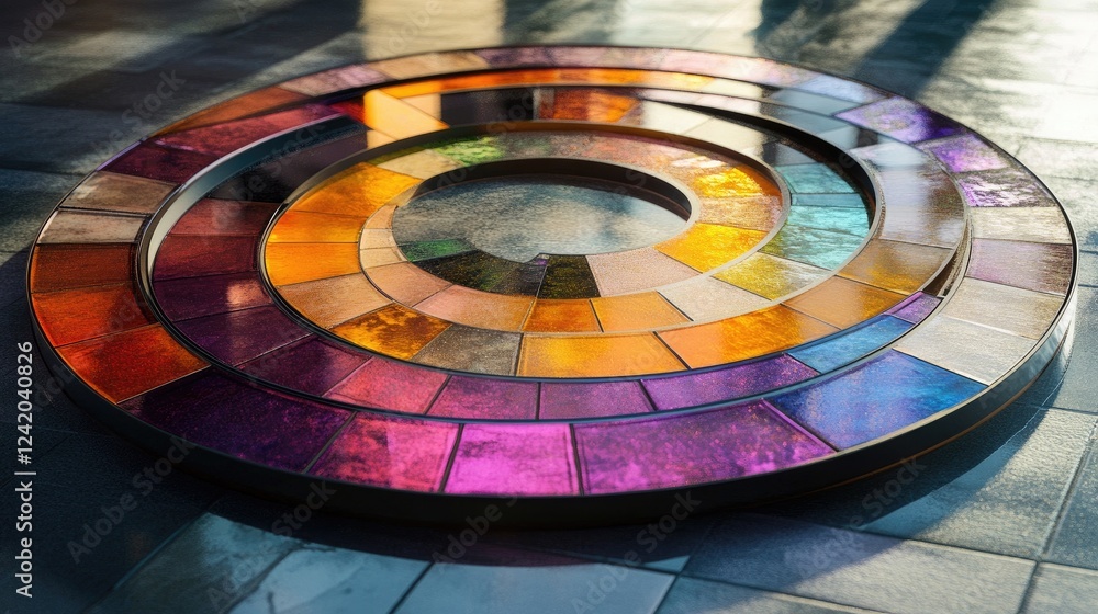 Poster a circular chart with colorful, curved segments arranged on a reflective surface, each segment shini
