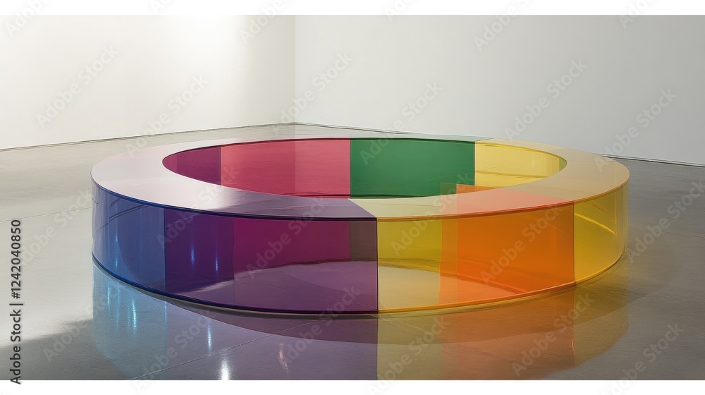 Poster a circular chart with colorful, curved segments arranged on a reflective surface, each segment shini
