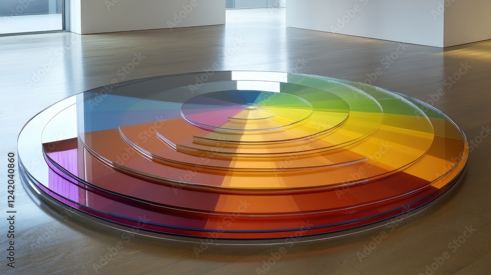 Poster a circular chart with colorful, curved segments arranged on a reflective surface, each segment shini