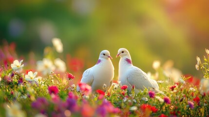 A charming view of a pair of doves foraging together in a grassy meadow, surrounded by colorful wildflowers, embodying a peaceful moment in nature
