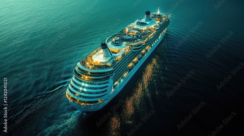 Poster a clear image of a large cruise liner illuminated by evening lights, gliding through dark waters, cr