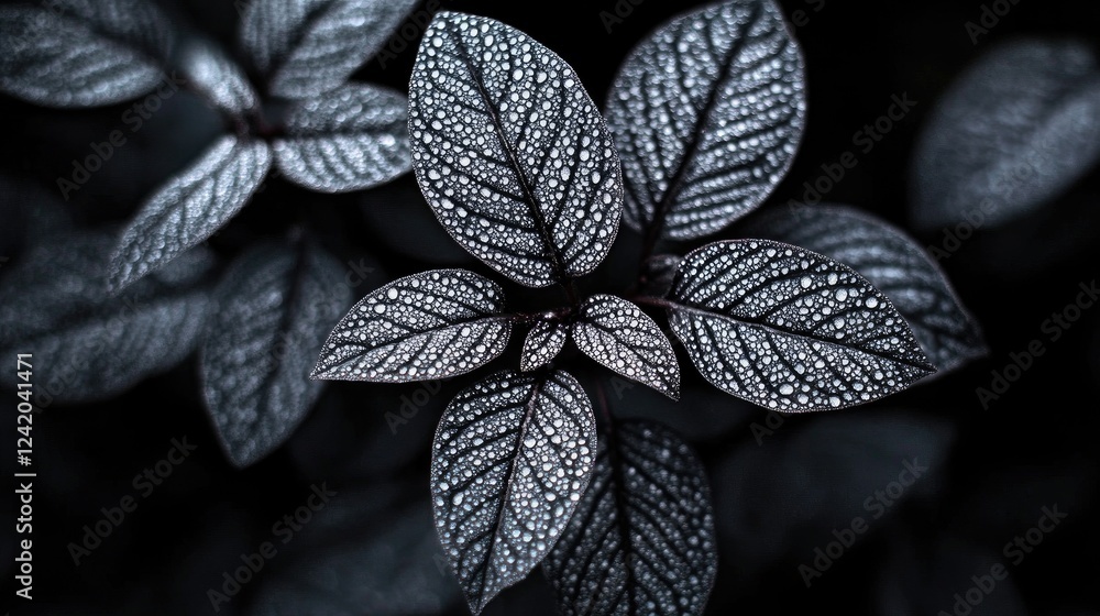 Poster a close-up of multiple small leaves covered in dew, with intricate patterns highlighted by the light