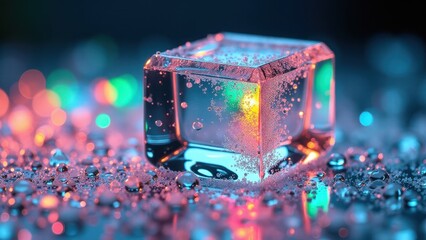 Obraz premium Single melting ice cube on a reflective wet surface with colorful bokeh lights 