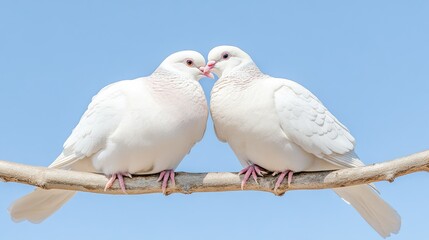 Obraz premium A close-up shot of two doves cuddling together on a branch, their feathers slightly ruffled by the gentle breeze, set against a clear blue sky