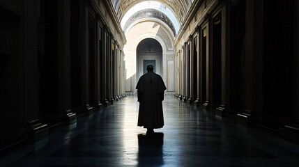 a holy figure in flowing robes stands in an arched hallway filled with soft light and grand architecture symbolizing faith and divine inspiration  
