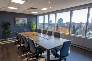 Modern boardroom with large windows offering city view.