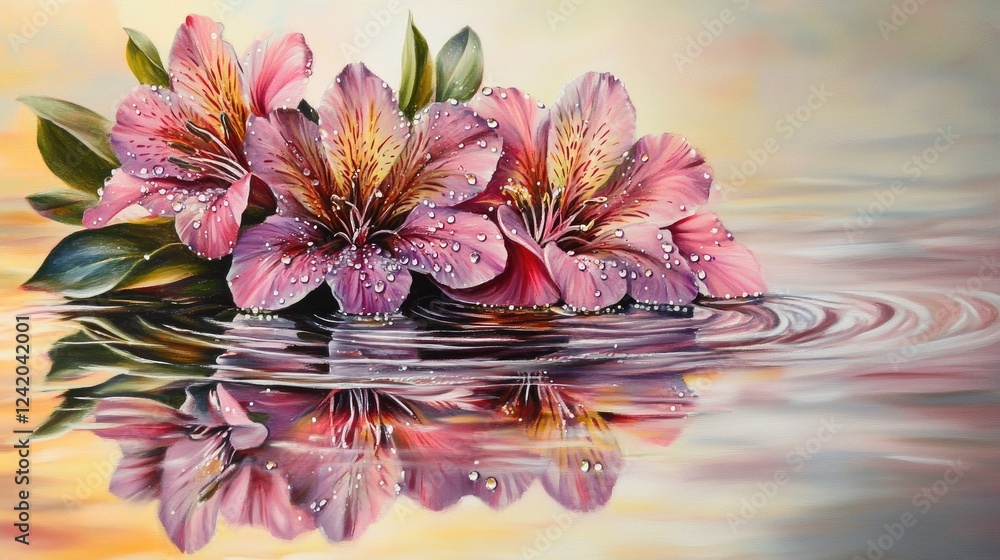 Poster a delicate composition of flowers with droplets of water, reflecting the light and adding a touch of