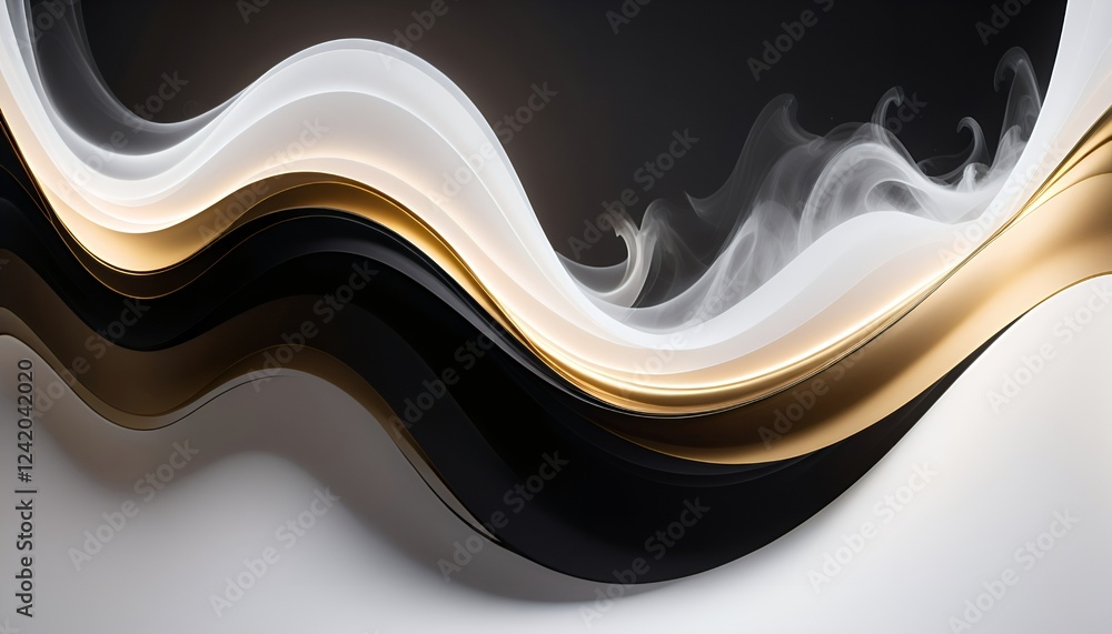 Poster abstract design featuring elegant flowing waves in black, white, and gold tones, creating a sophisti