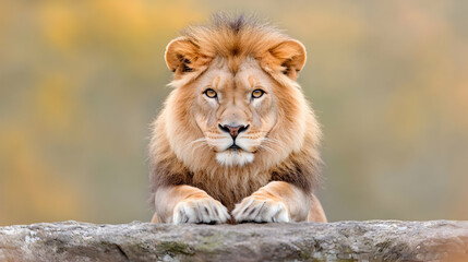 Majestic lion resting on rock, autumn background, wildlife photography