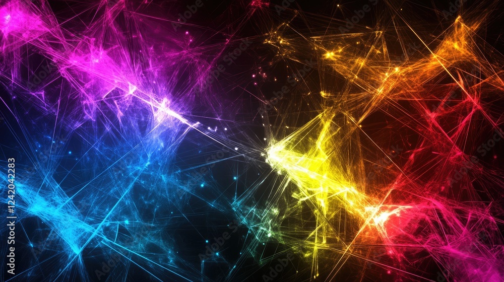 Poster a dynamic abstract background of sharp lines and angular shapes in bright neon colors against a dark