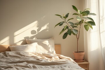 Sunlit bedroom with green plants and minimal decor