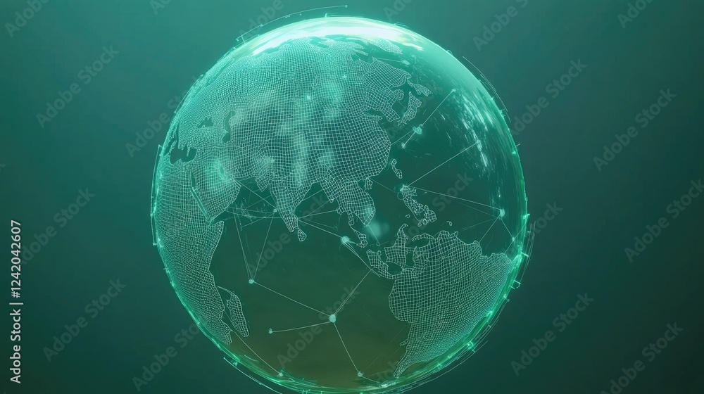 Poster a futuristic d wireframe globe with connecting lines and dots, symbolizing global data exchange, in 