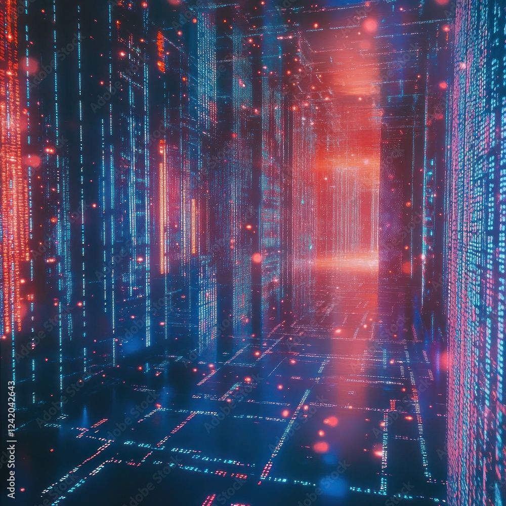 Poster data flow in virtual network tunnel with glowing digital interface for technology background