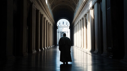 a solitary clergyman walks through a grand hallway with towering columns and soft light filtering through creating a solemn and spiritual mood  
