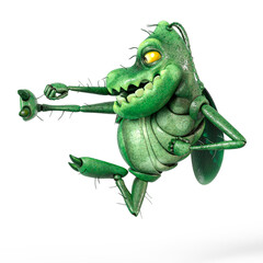 roach bug cartoon is doing a jump kick in karate style on white background