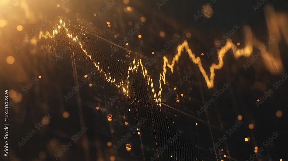 Poster a graph with gold-colored lines showing an upward trend, set against a black background with golden 