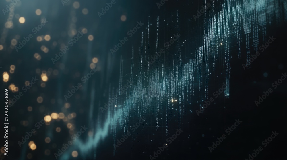 Poster a high-tech financial line graph with glowing points marking fluctuations in bank data on a dark bac