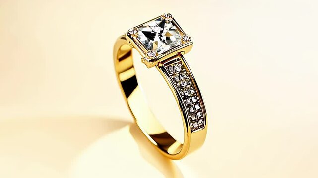 Elegant gold engagement ring with a square-cut diamond and intricate detailing on a soft beige background. Concept of luxury, romance, commitment, and fine jewelry design