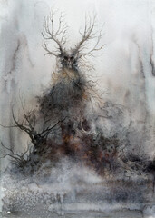 Antler Forest Monster, horror watercolor illustration of the Forest Spirit