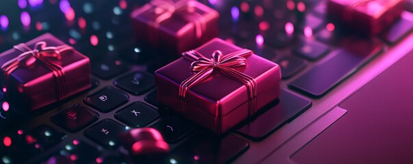 Gift boxes with shiny ribbon are appearing on a laptop keyboard