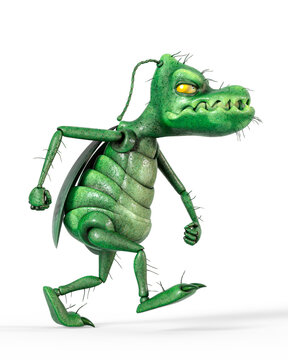 roach bug cartoon is walking angry in side view and also on white background