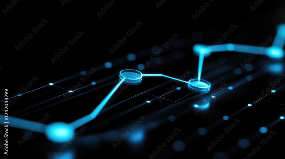 Poster a minimalistic line graph with smooth curves in neon blue on a black background, symbolizing trends 