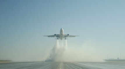 Fototapeta premium A majestic shot of a large passenger jet taking off from a busy airport runway, with smoke trailing behind as it ascends into the blue sky