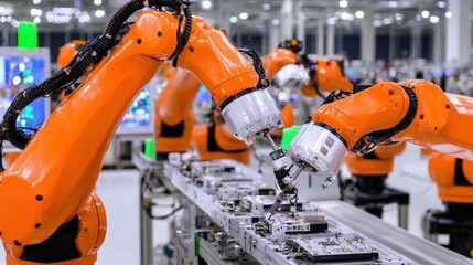Fototapeta premium Robotic Arms Working in Automated Production Line in Modern Factory