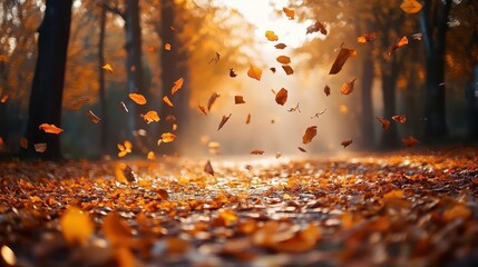 Autumn forest trail, close-up of colorful leaves falling on the path, golden sunlight