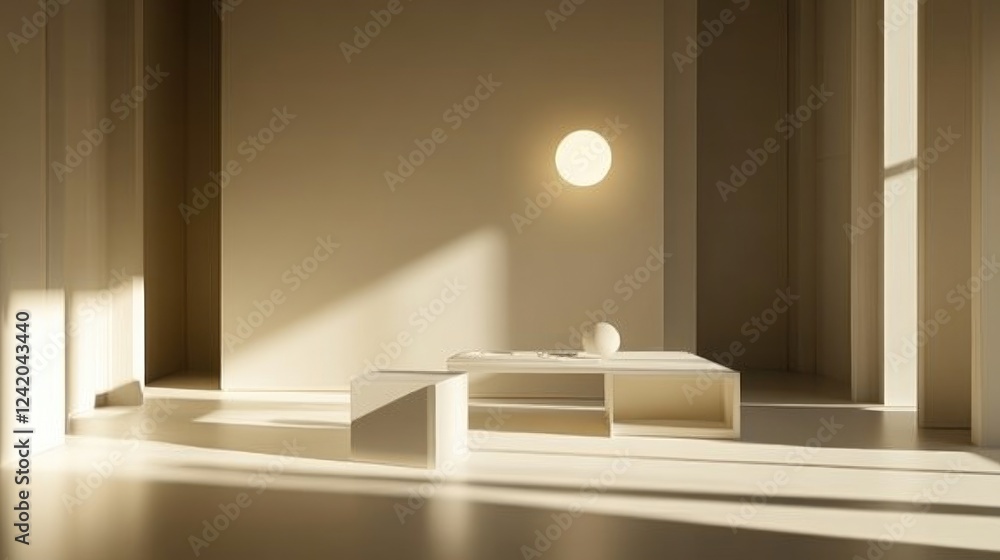 Poster a minimalist room illuminated by a single lamp in the corner, casting soft shadows across the walls 