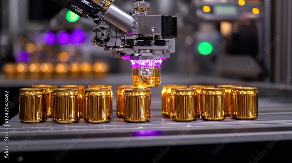 Aufkleber robotic arm handling golden cans in modern automated factory setup
