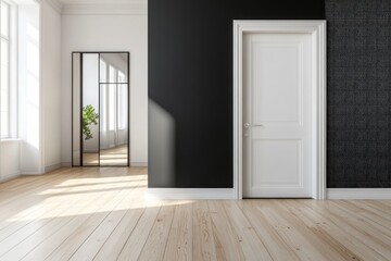 Sunlit minimalist room with black wall, white door, and full-length mirror.