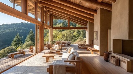 Fototapeta premium A serene Scandinavian-inspired living room with wooden furniture, light-colored textiles, and a large window overlooking a scenic view