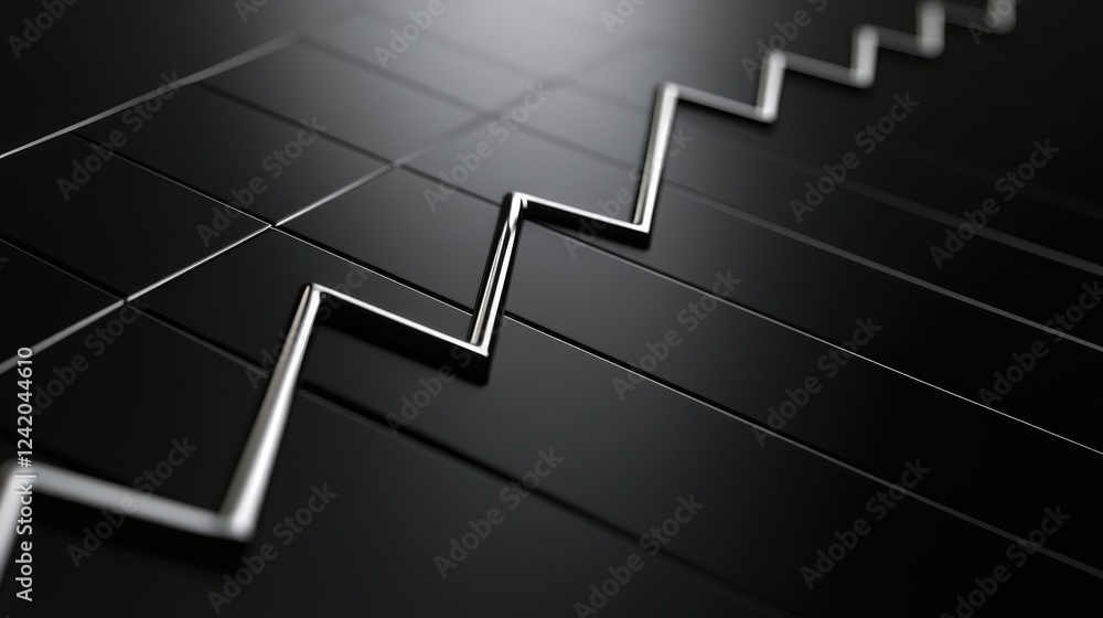 Poster a smooth line graph in metallic silver, with ascending and descending lines on a black background, r