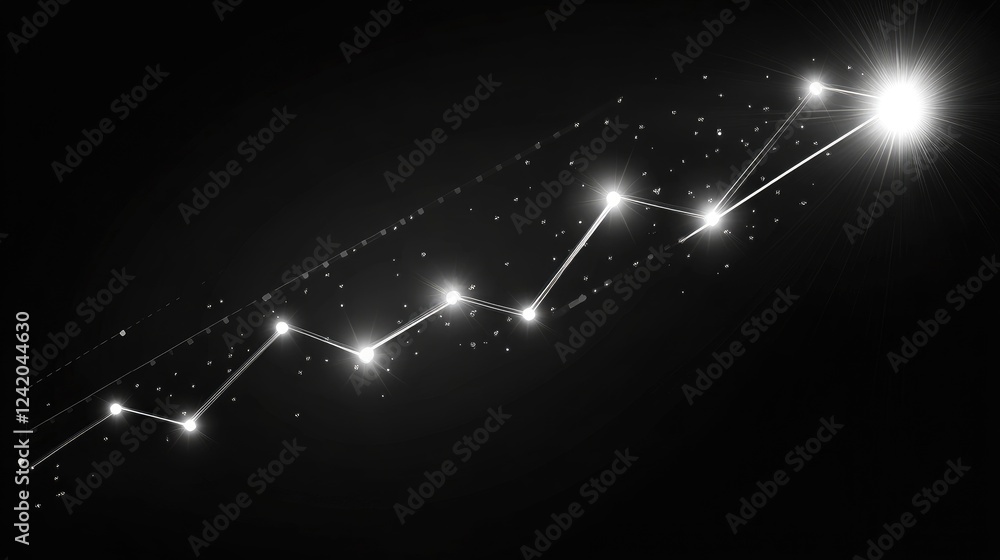 Poster a smooth line graph in metallic silver, with ascending and descending lines on a black background, r