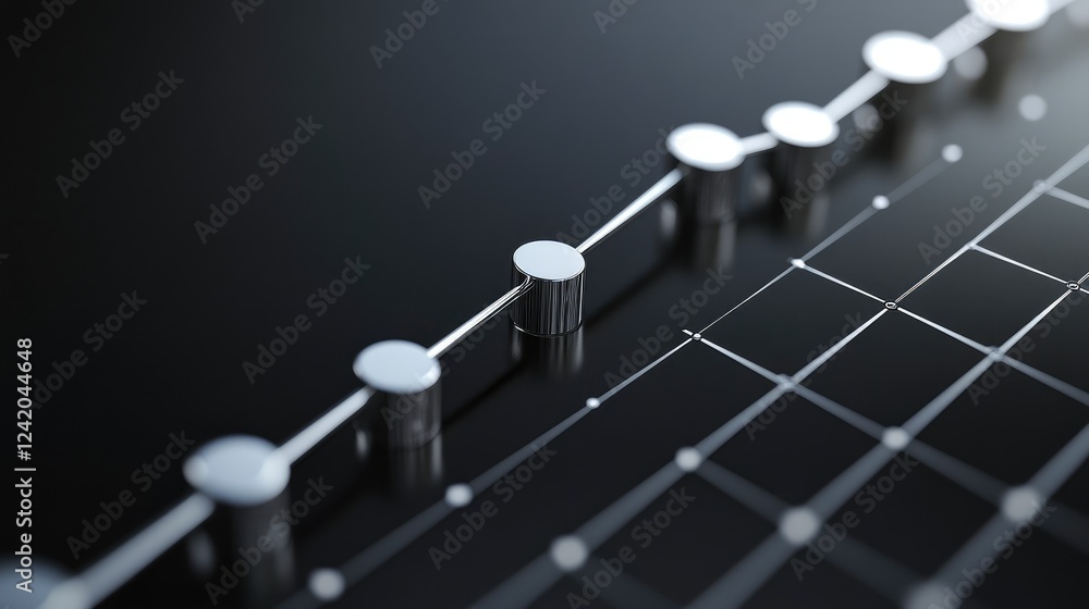 Poster a smooth line graph in metallic silver, with ascending and descending lines on a black background, r