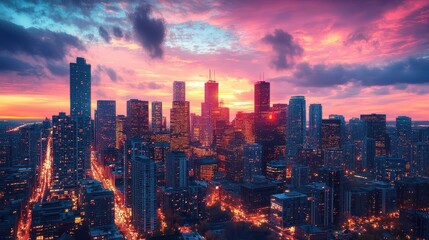 Obraz premium City skyline at dusk, close-up of glowing city buildings, vibrant dusk sky