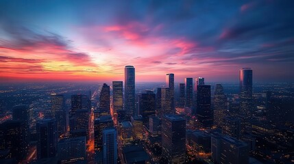 Obraz premium City skyline at dusk, close-up of glowing city buildings, vibrant dusk sky