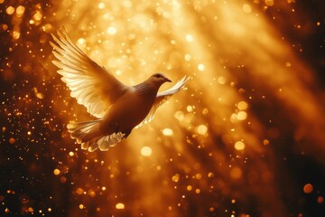 Fototapeta premium Bird in golden sunlight flying through autumn leaves
