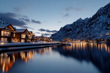 Fototapeta premium A beautiful waterfront village comes to life at night with illuminated buildings reflecting in the serene waters, creating a picturesque winter atmosphere.