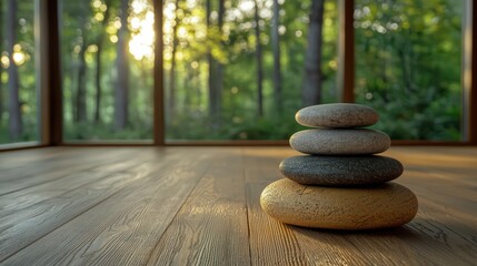 Tranquil Zen Stones Arrangement in Serene Forest Background